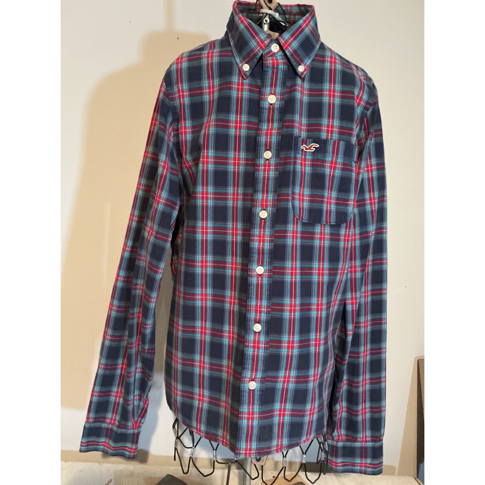 Hollister Mens Plaid Button Down Shirt Navy Red Teal Cotton Long Sleeve Size M‎
